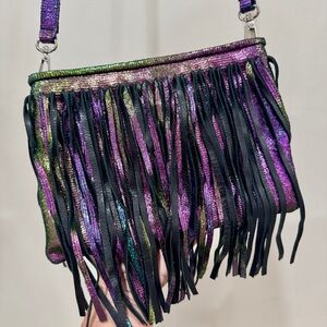 Posse Iridescent Leather Fringe Crossbody Clutch Bag Boho Festival Statement